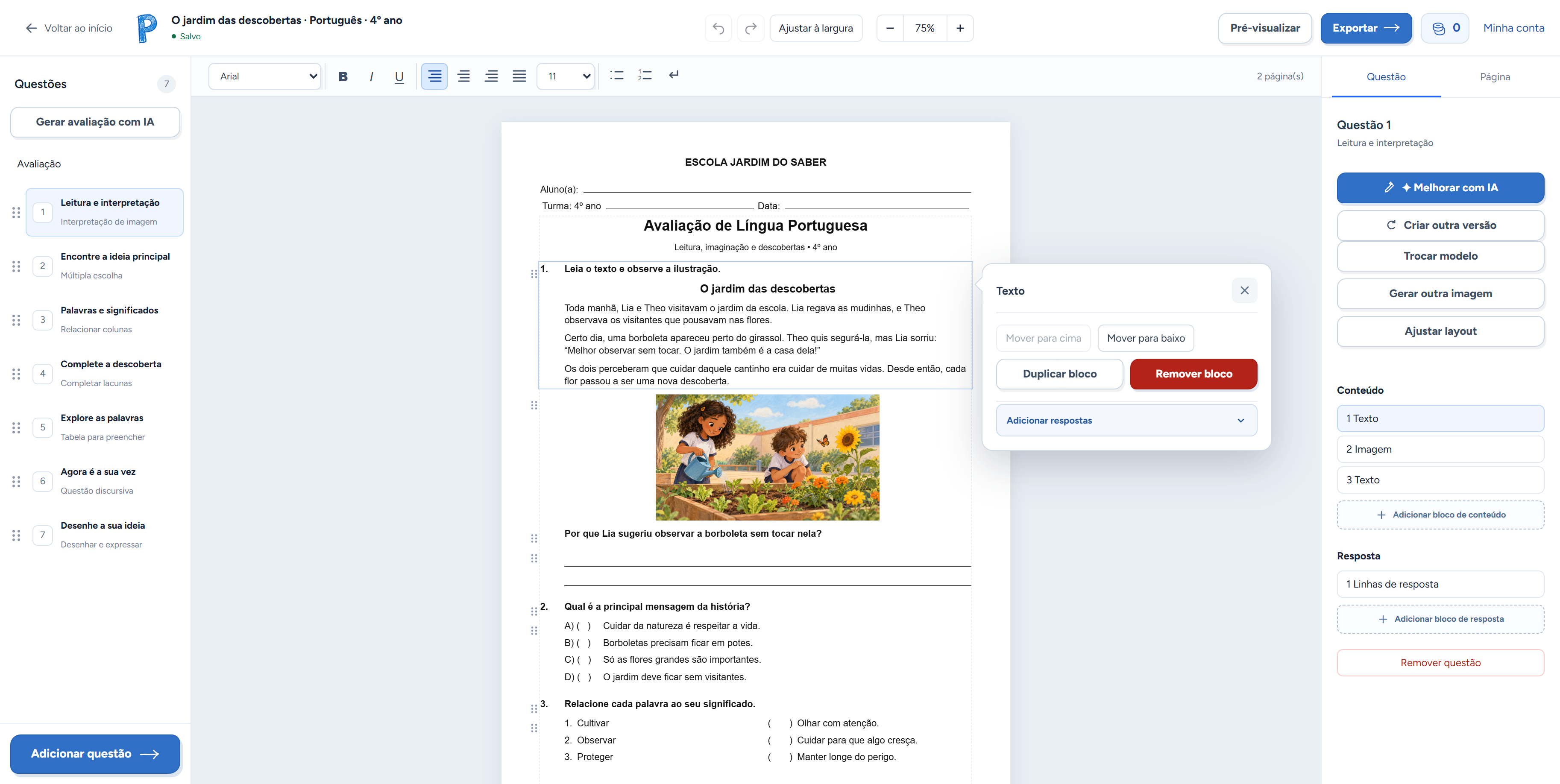 Editor do Provinhas com uma avaliação ilustrada de Língua Portuguesa, lista de questões e ferramentas de edição.